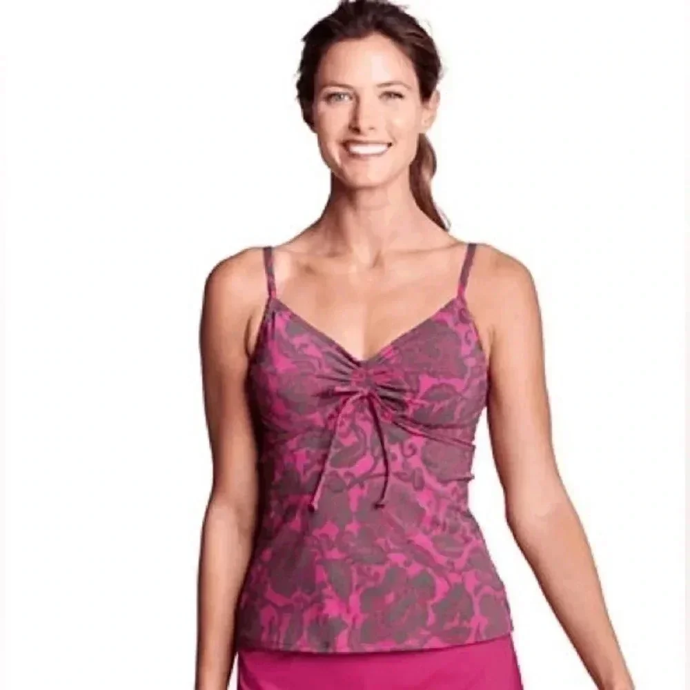 Lands’ End Pink & Green Tropical Floral Print Tankini Swimsuit Top Size 8
